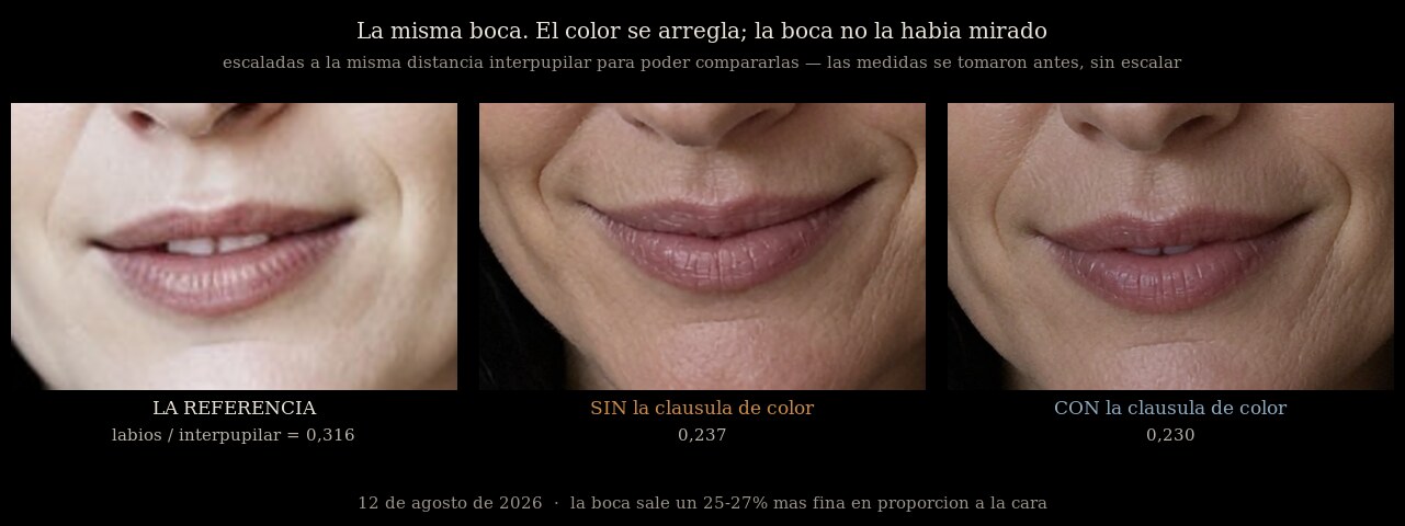 Tres recortes de boca sobre fondo negro, escalados a la misma distancia interpupilar. Izquierda, la referencia, con la razón labios entre interpupilar de 0,316. Centro, la imagen sin la cláusula de color, 0,237. Derecha, la imagen con la cláusula, 0,230.