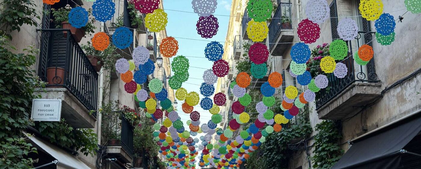 Franja horizontal recortada de una fotografía de calle: una calle estrecha de Gràcia vista hacia arriba, con cientos de rosetones de papel calado de colores colgados de balcón a balcón contra el cielo. A ambos lados, fachadas de piedra y estuco con balcones de hierro, hiedra y geranios. En el balcón de la izquierda hay una placa blanca con tres líneas de letras que no son palabras. No se ve ninguna persona.