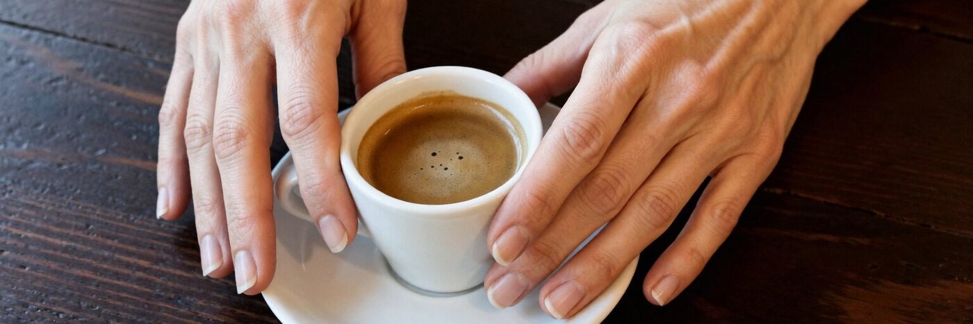 Franja horizontal recortada de una fotografía: dos manos de mujer de cincuenta años sobre una mesa de madera oscura, alrededor de una taza blanca de café solo. Se ven las venas del dorso, los tendones marcados y las arrugas finas de los nudillos. Las uñas van cortas y sin pintar. No hay anillos y no se ve la cara.