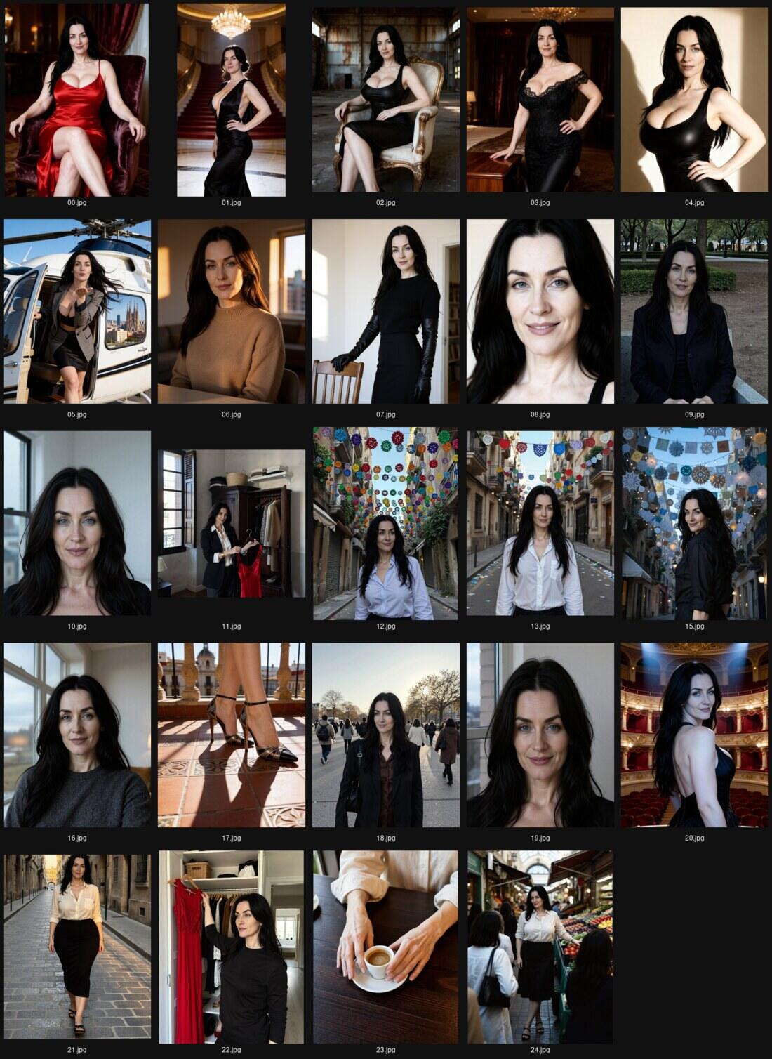 Hoja de contacto con veinticuatro fotografías numeradas, en cinco filas. En las dos primeras filas domina un registro de glamour: una mujer de pelo negro largo con vestido rojo de satén sentada en un sillón de terciopelo granate; la misma con vestido largo negro al pie de una escalera de mármol bajo una lámpara de araña; con vestido de cuero en un sillón dorado; con encaje negro apoyada en una mesa de madera; en top de cuero contra una pared clara; y bajando de un helicóptero blanco con la Sagrada Família al fondo. De la segunda fila en adelante el registro cambia: jersey de punto camel junto a una ventana, guantes largos negros en un salón, primeros planos de cara contra pared blanca, un armario con un vestido rojo en la percha, tres calles del barrio de Gràcia con banderines de papel de colores cruzando de balcón a balcón, unos zapatos de tacón de tiras sobre un suelo de baldosa al sol, una calle con árboles desnudos a contraluz, un teatro de palcos dorados, una calle empedrada, dos manos alrededor de una taza de café sobre madera oscura, y un mercado cubierto con puestos de fruta. En todas las que se ve la cara es la misma mujer.