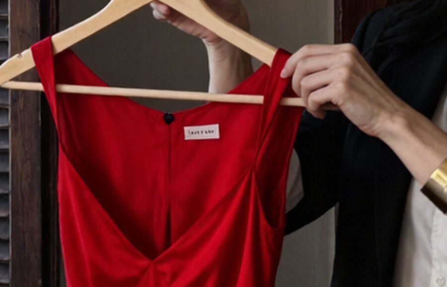 Primer plano de un vestido rojo de tirantes colgado de una percha de madera que sostienen dos manos. En el interior del escote, cosida a la tela, hay una pequeña etiqueta blanca rectangular con unas marcas oscuras que imitan letras sin llegar a formar palabras.