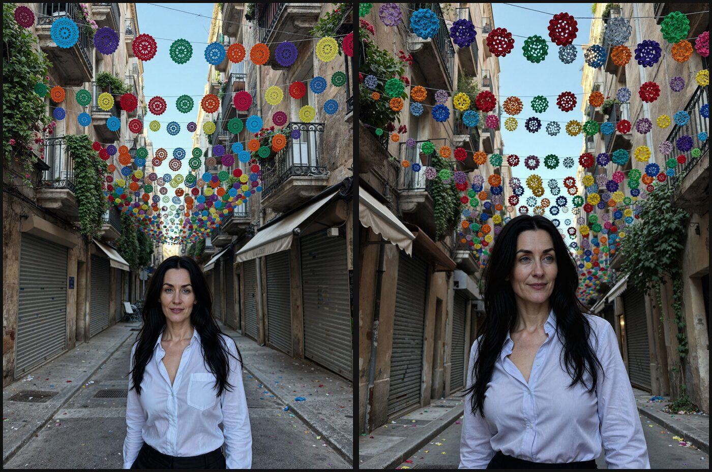 Dos fotografías de la misma calle estrecha decorada con adornos redondos de colores. A la izquierda, plano medio: la mujer se ve de cintura para arriba y se ven pocos comercios. A la derecha, plano corto tomado desde abajo mirando la calle hacia arriba: se ve más profundidad de calle y más hileras de comercios al fondo.