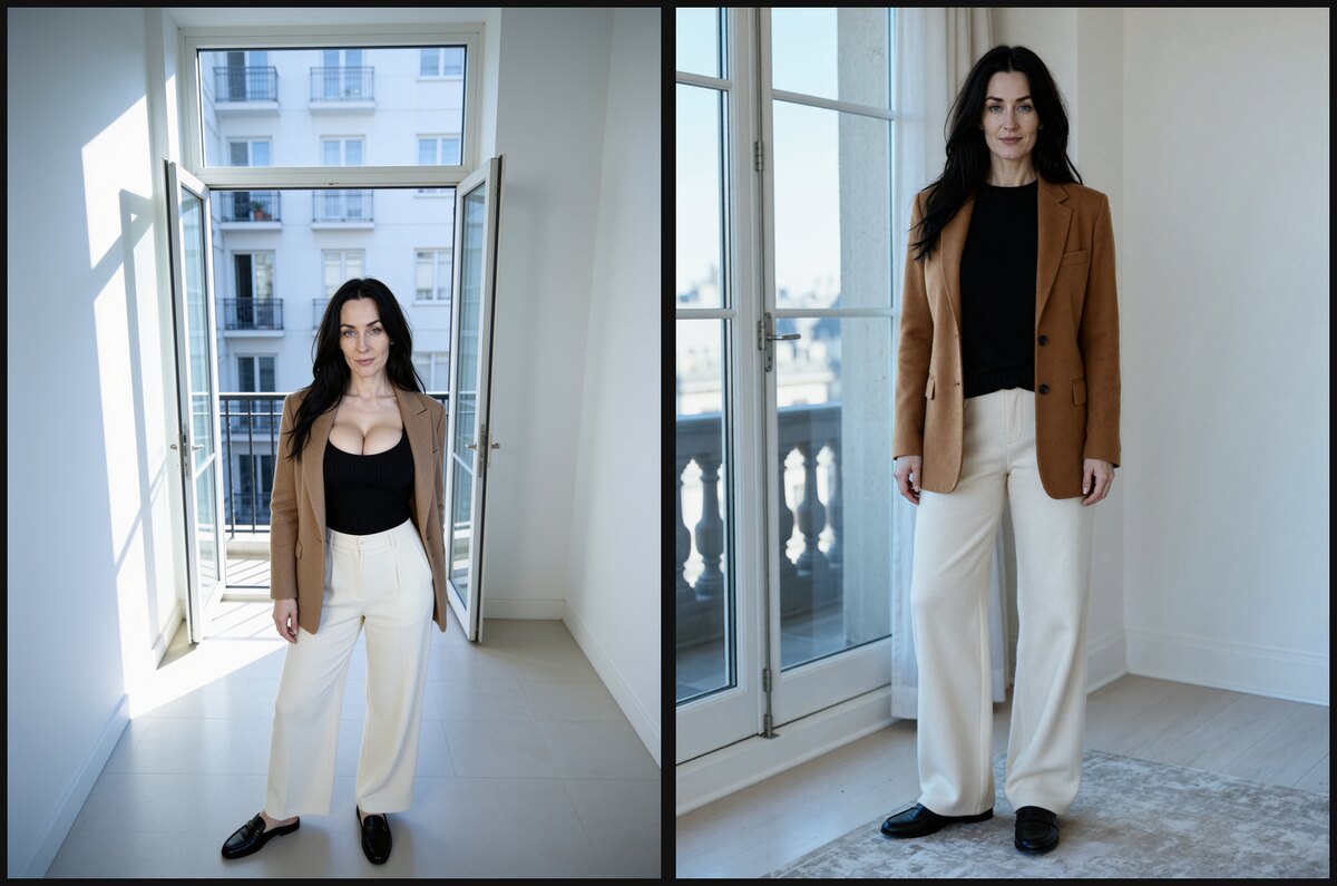 Dos fotografías de cuerpo entero de la misma mujer, de pie ante un balcón abierto en un interior claro. Las dos visten americana camel abierta, pantalón ancho crudo y mocasines negros. En la de la izquierda el jersey negro tiene un escote profundo y se ve el pecho; en la de la derecha el jersey es de cuello redondo cerrado y la silueta se lee recta.