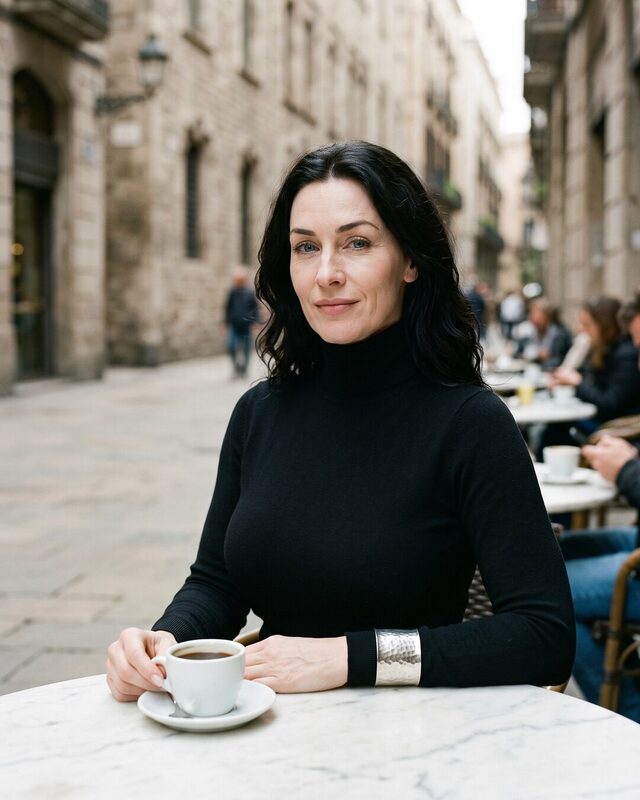 Mujer con jersey negro de cuello alto sentada en la terraza de un café con una taza delante, con una calle de piedra al fondo.