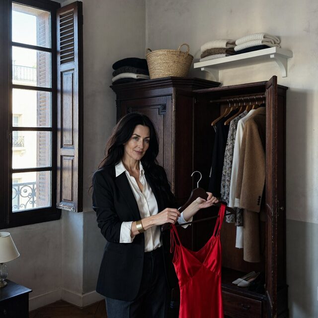 Mujer de negro con chaqueta sosteniendo una percha con un vestido rojo, en un dormitorio con armario de madera oscura y ventana abierta.