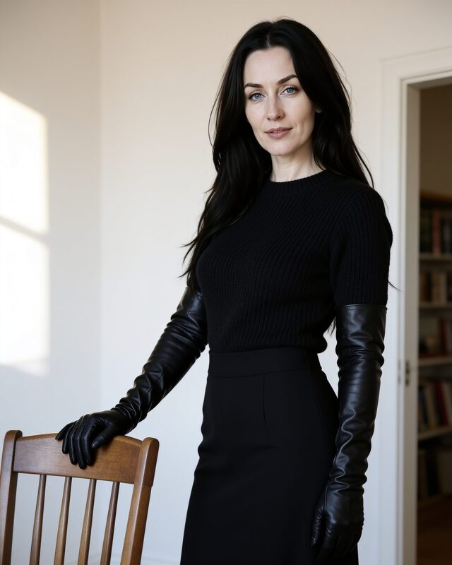 Mujer con vestido negro largo y guantes de cuero negros hasta el codo, de pie junto a una silla de madera en una habitación blanca.