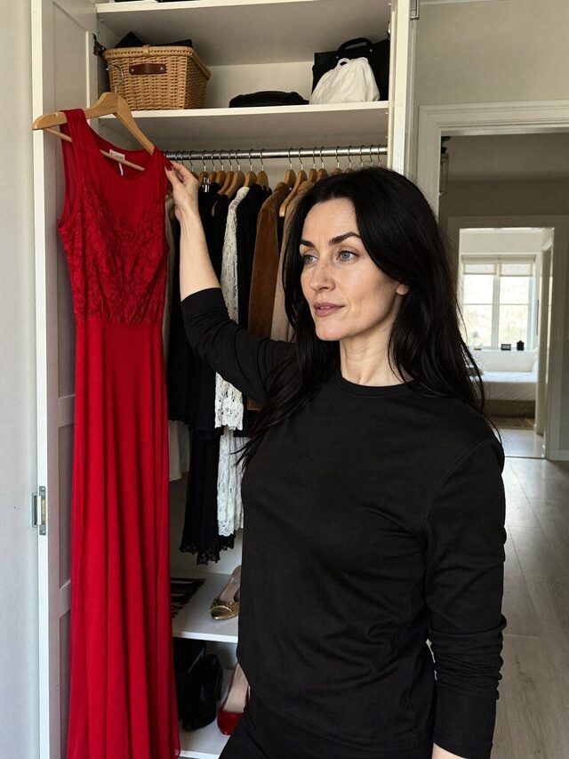 Mujer de negro descolgando un vestido largo rojo de una barra dentro de un armario abierto, en una habitación con luz de ventana.