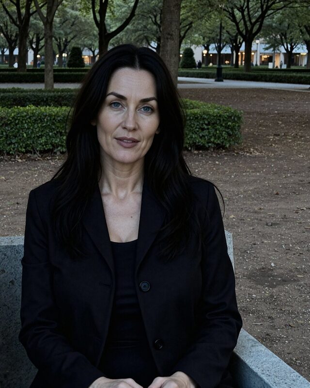 Mujer de negro sentada en un banco de un parque, con árboles desenfocados detrás y luz gris de tarde.