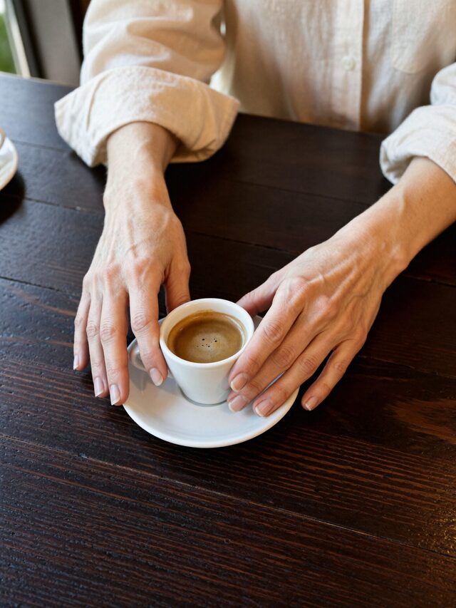 Dos manos de mujer sobre una mesa de madera oscura, sosteniendo una taza pequeña de café.