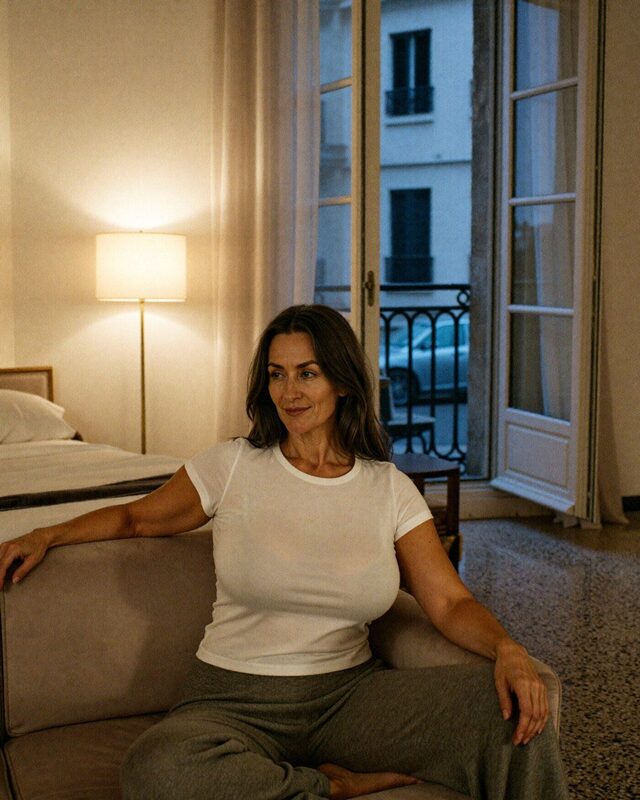 Mujer con camiseta blanca y pantalón claro sentada en el borde de una cama, en una habitación de noche con lámpara encendida y balcón al fondo.
