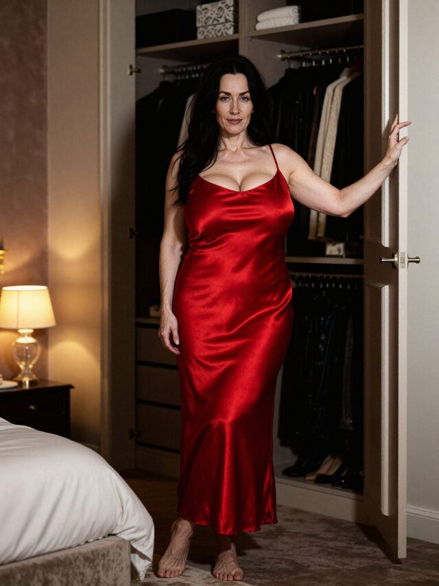 Mujer con vestido largo de raso rojo y tirantes finos, de pie en el vano de un vestidor iluminado con lámpara cálida.