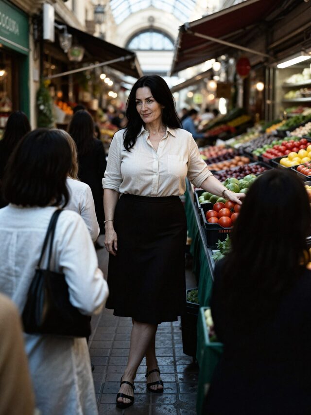 Mujer con camisa blanca y falda negra midi caminando por el pasillo de un mercado cubierto, entre puestos de fruta y compradoras de espaldas.