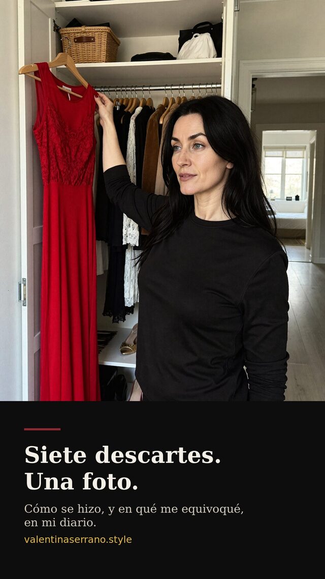 Formato vertical de story: mujer de negro sosteniendo un vestido rojo en un armario, con una banda de texto negra abajo que dice «Siete descartes. Una foto.»