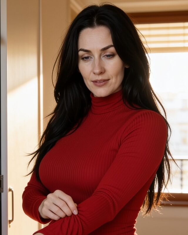 Retrato de medio cuerpo de mujer con jersey rojo de cuello alto, mirando hacia abajo, junto a una ventana con luz dorada.