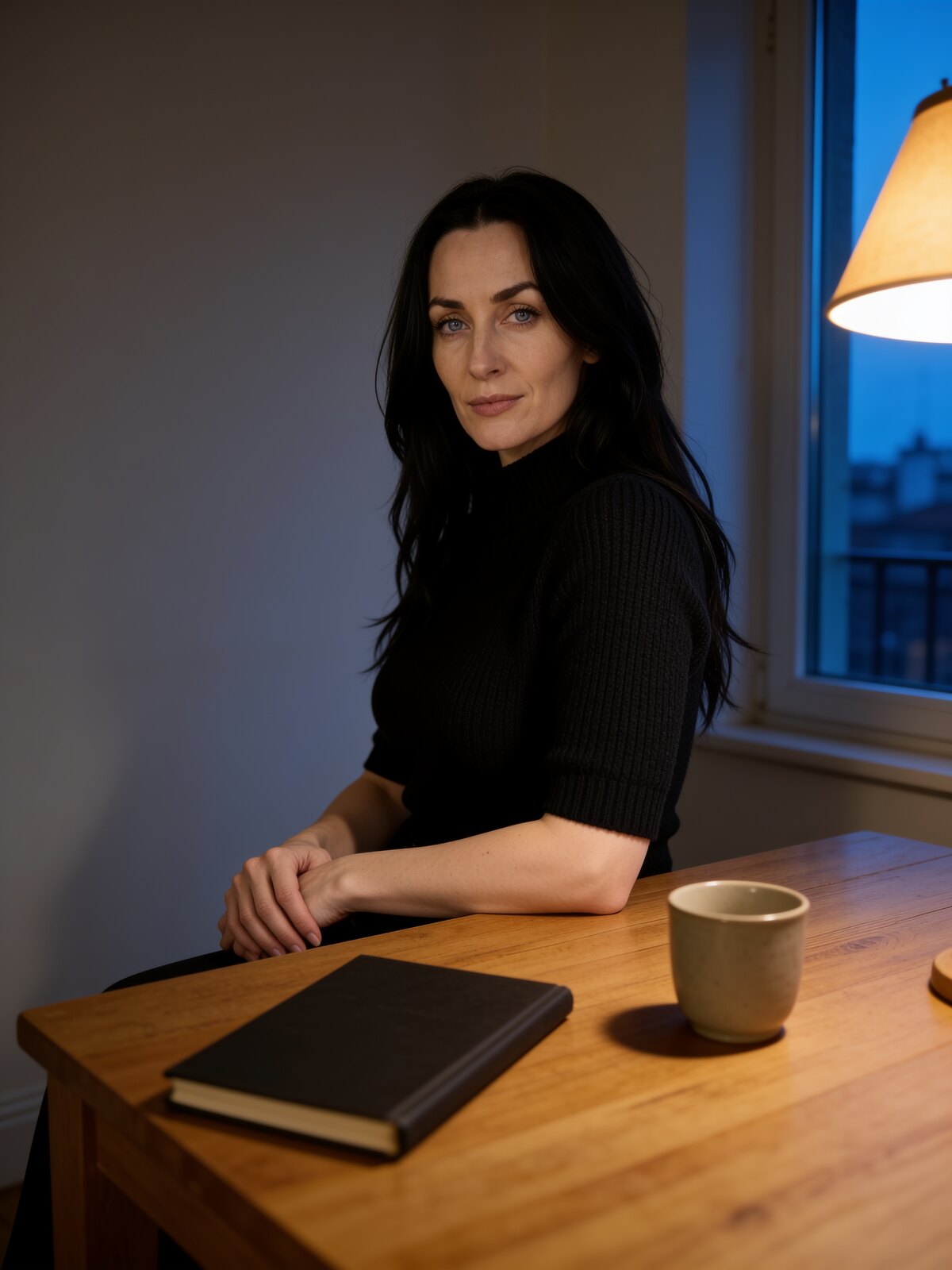 Mujer de pelo negro sentada a una mesa de madera junto a una ventana al anochecer, con un cuaderno cerrado y una taza delante y una lámpara encendida a la derecha. Lleva un jersey negro de cuello alto sin aberturas, con los hombros y los brazos cubiertos.