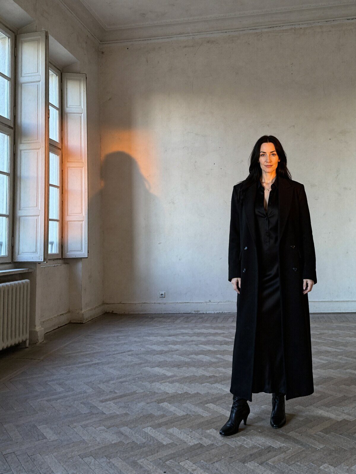 Retrato de mujer de pelo negro y jersey claro en una habitación luminosa: la cara coincide con la de Valentina Serrano pero la figura es notablemente más delgada que la del retrato de referencia.