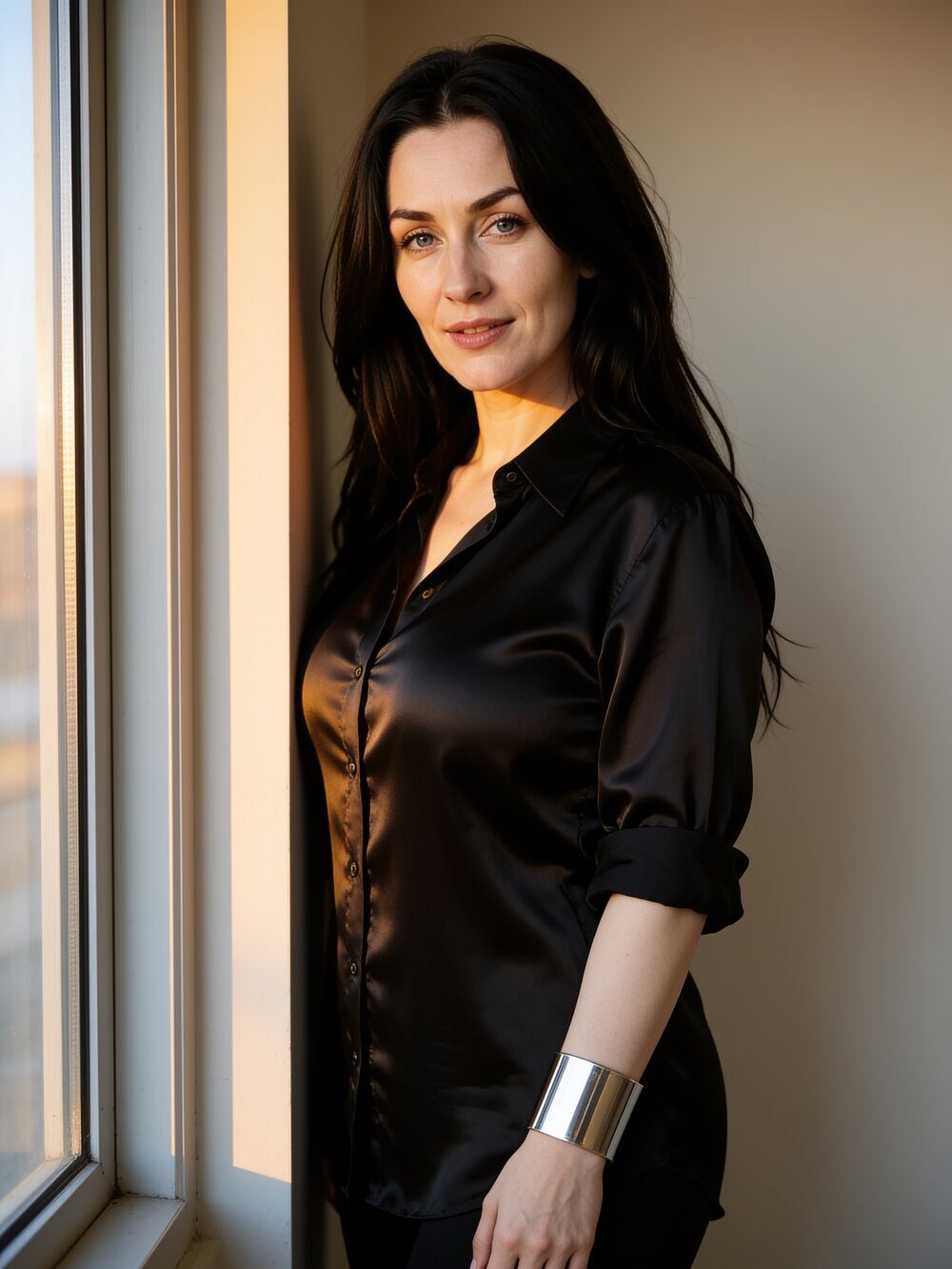 Valentina Serrano junto a una ventana alta de un piso de Barcelona, camisa negra de seda con las mangas remangadas, un brazalete ancho de plata, el pelo negro suelto, luz cálida de tarde entrando de lado, mirando a cámara.