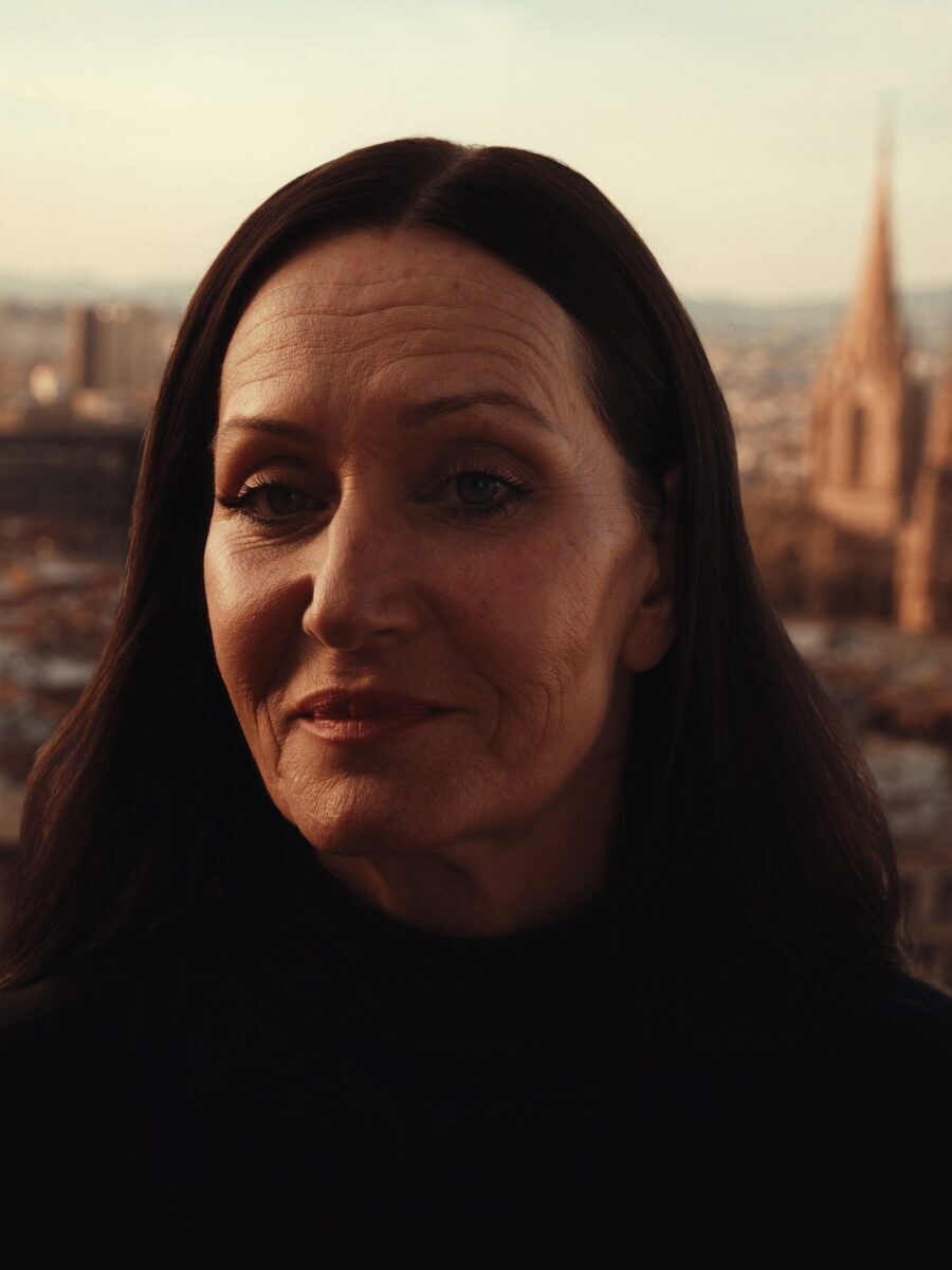 Retrato de Valentina Serrano: mujer de unos cincuenta años, pelo oscuro largo, jersey negro de cuello alto, Barcelona desenfocada al fondo con la Sagrada Família a la derecha, luz cálida de atardecer.