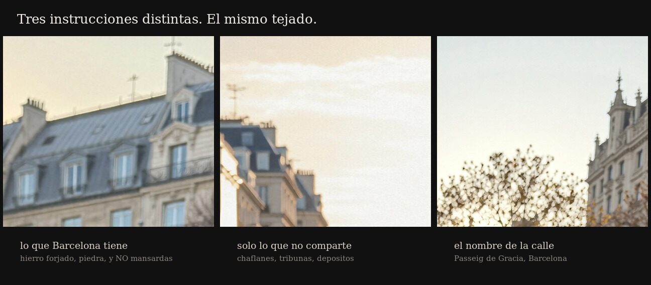 Tres recortes del fondo de tres fotos distintas, ampliados: los tres tienen un tejado empinado de pizarra con buhardillas.